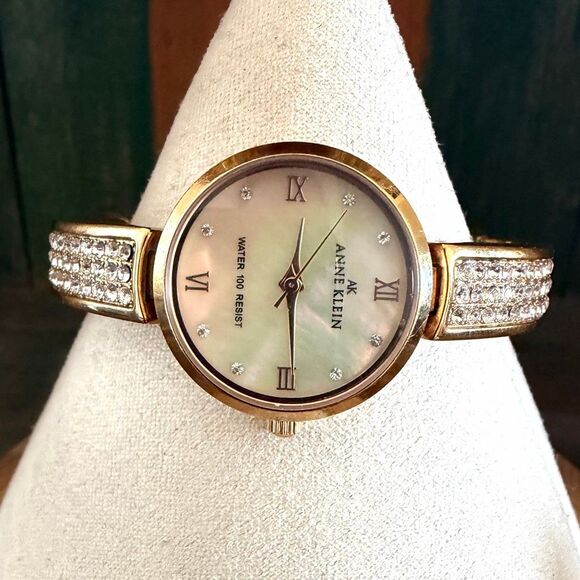 Anne Klein AK Gold Tone Watch Mother of Pearl Dial Crystal Accents Water Resist main image 5